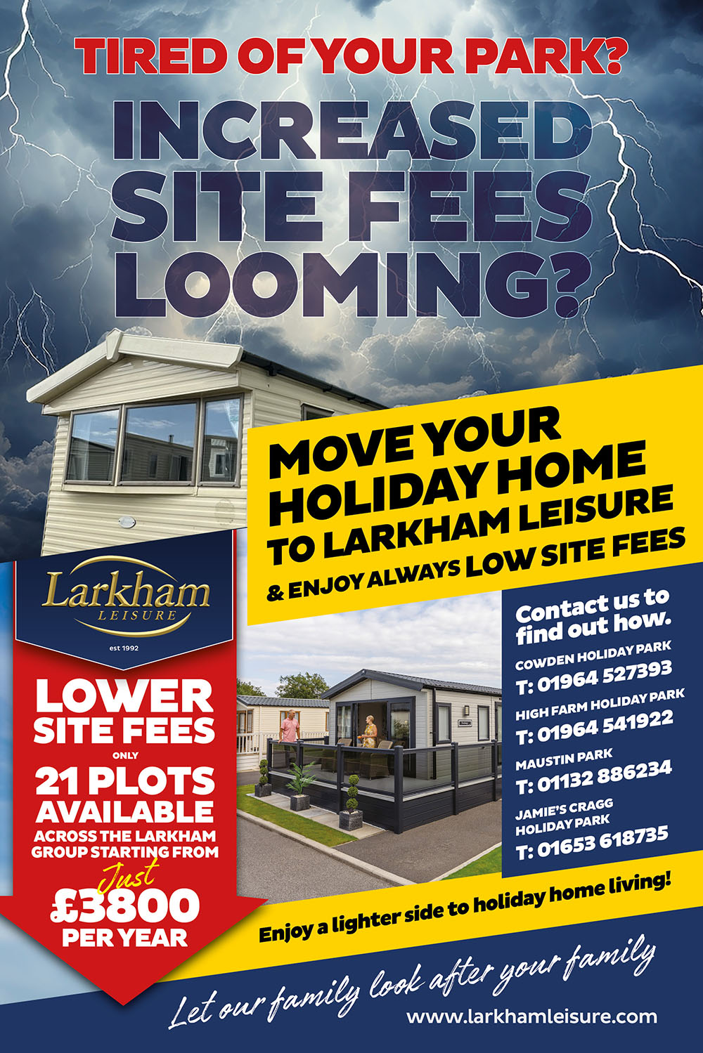 Move your holiday home to Larkham Leisure and enjoy low site fees.